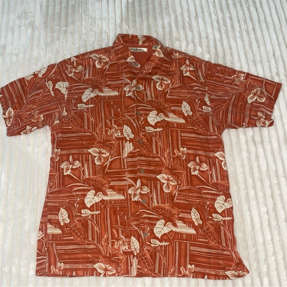 Tommy Bahama Shirt Mens Large Orange Floral Hawiian Silk Hibiscus Beach - Picture 2 of 9